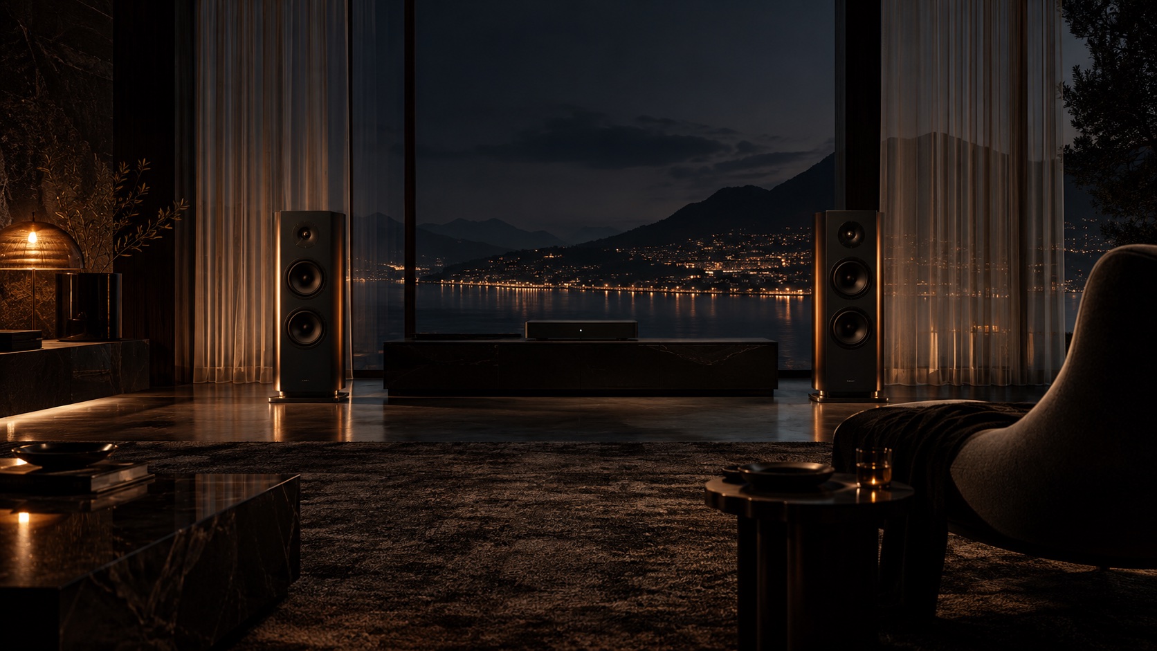 Conceptual listening room with unbranded speakers and warm evening light